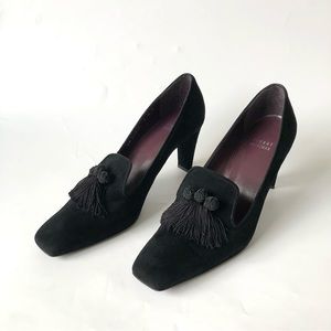 Stuart Weitzman Black Suede Tassels Square Toe Heeled Pumps Size 9.5 M